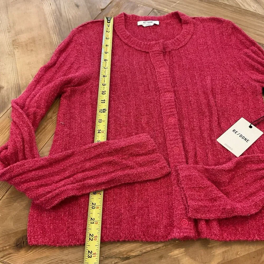 RE/DONE Terry Ribbed‎ Cardigan Dragonfruit Pink Sweater Size Medium NWT $350